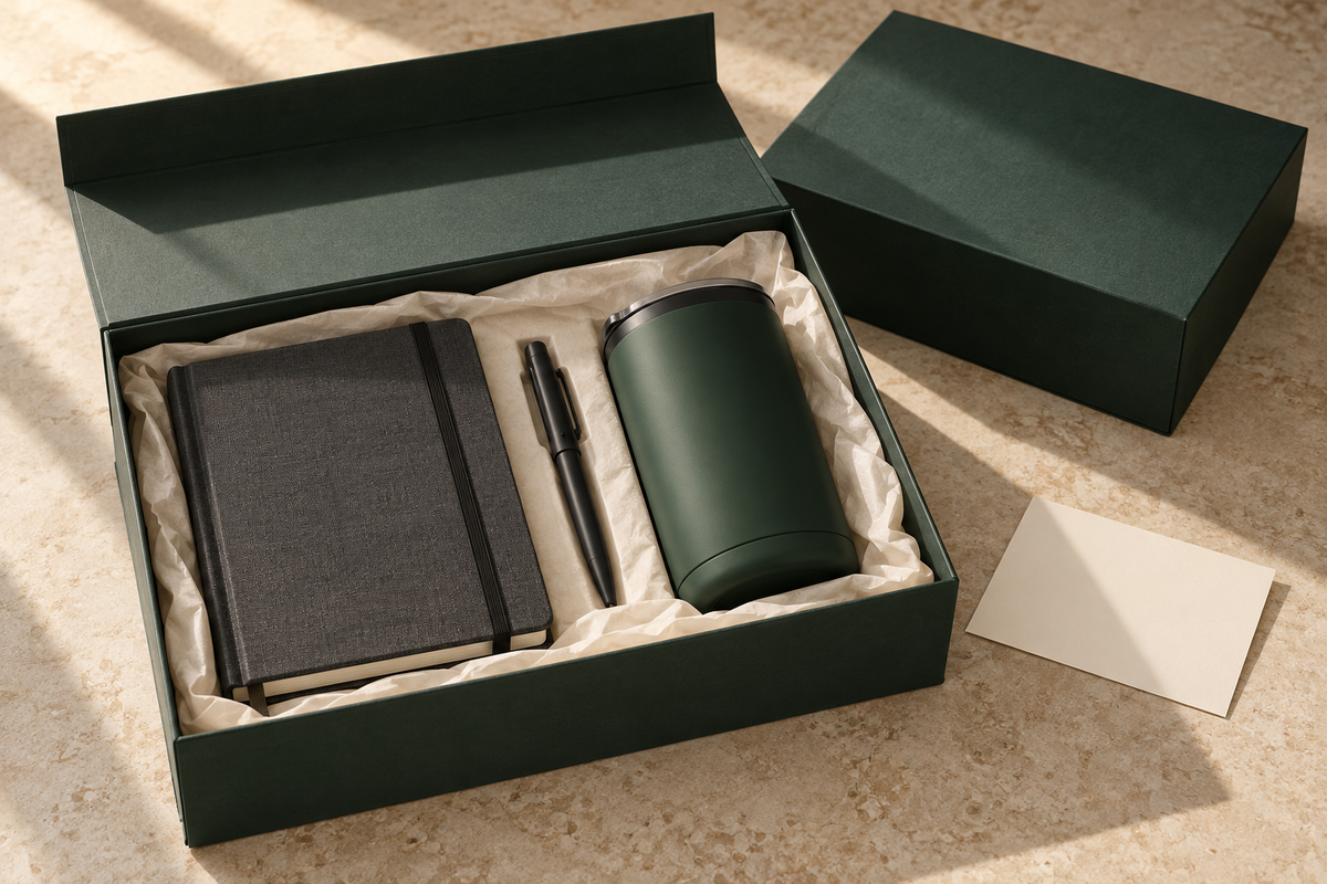 Illustrative forest-green gift box with notebook, pen and tumbler
